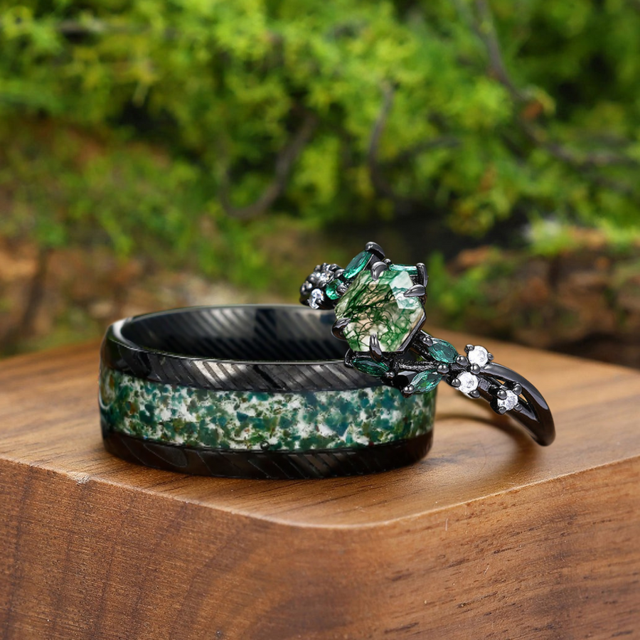 Anillo de pareja con forma de hoja de ágata musgosa hexagonal 2 piezas juego de anillos a juego para él y para ella