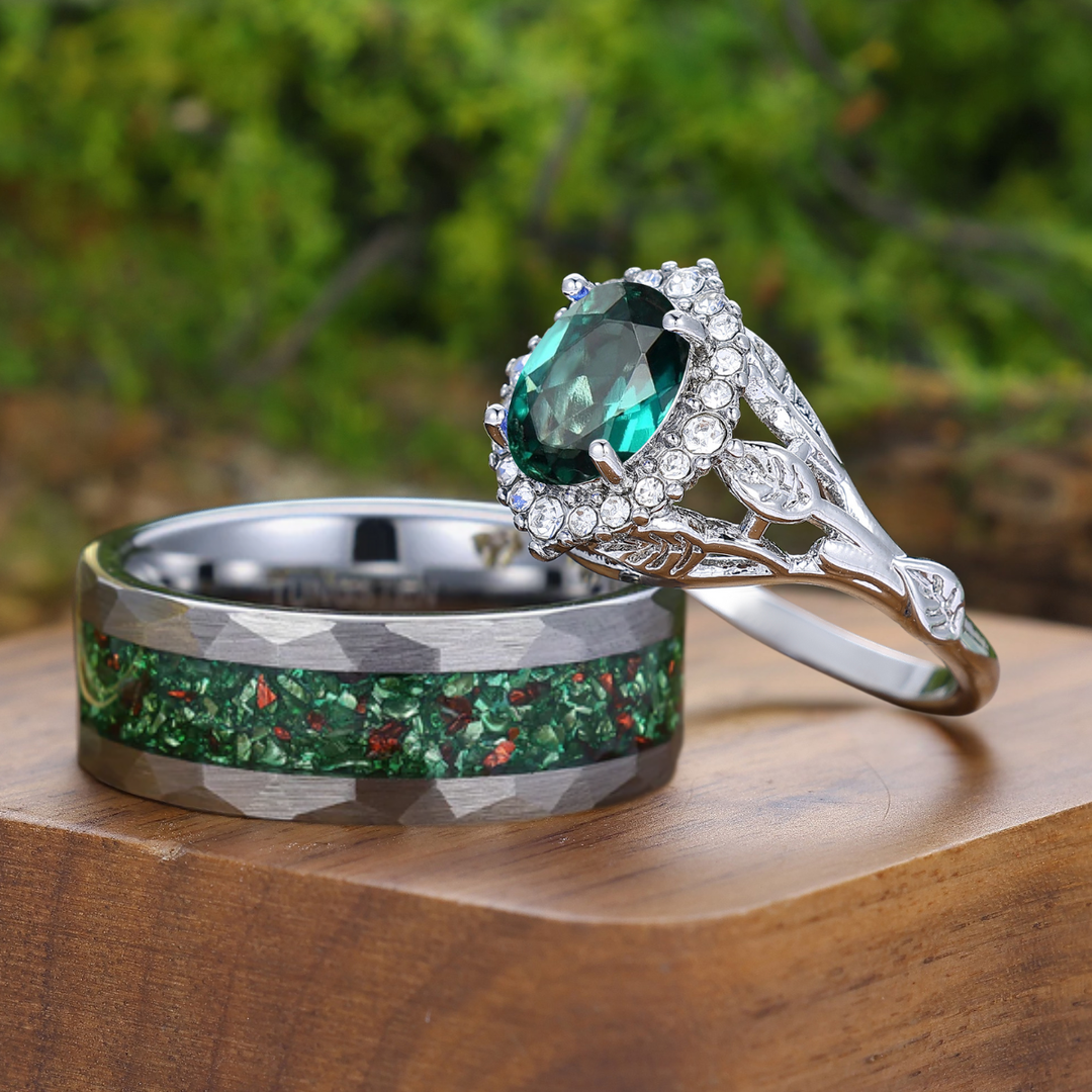 Einzigartige ovale Smaragd-Paarringe – blattinspiriertes Ehering-Set