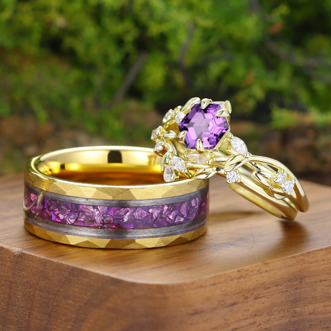 Organic Leaf Engraved Natural Amethyst Couple Ring Set Floral Inspired Rings For Him And Her