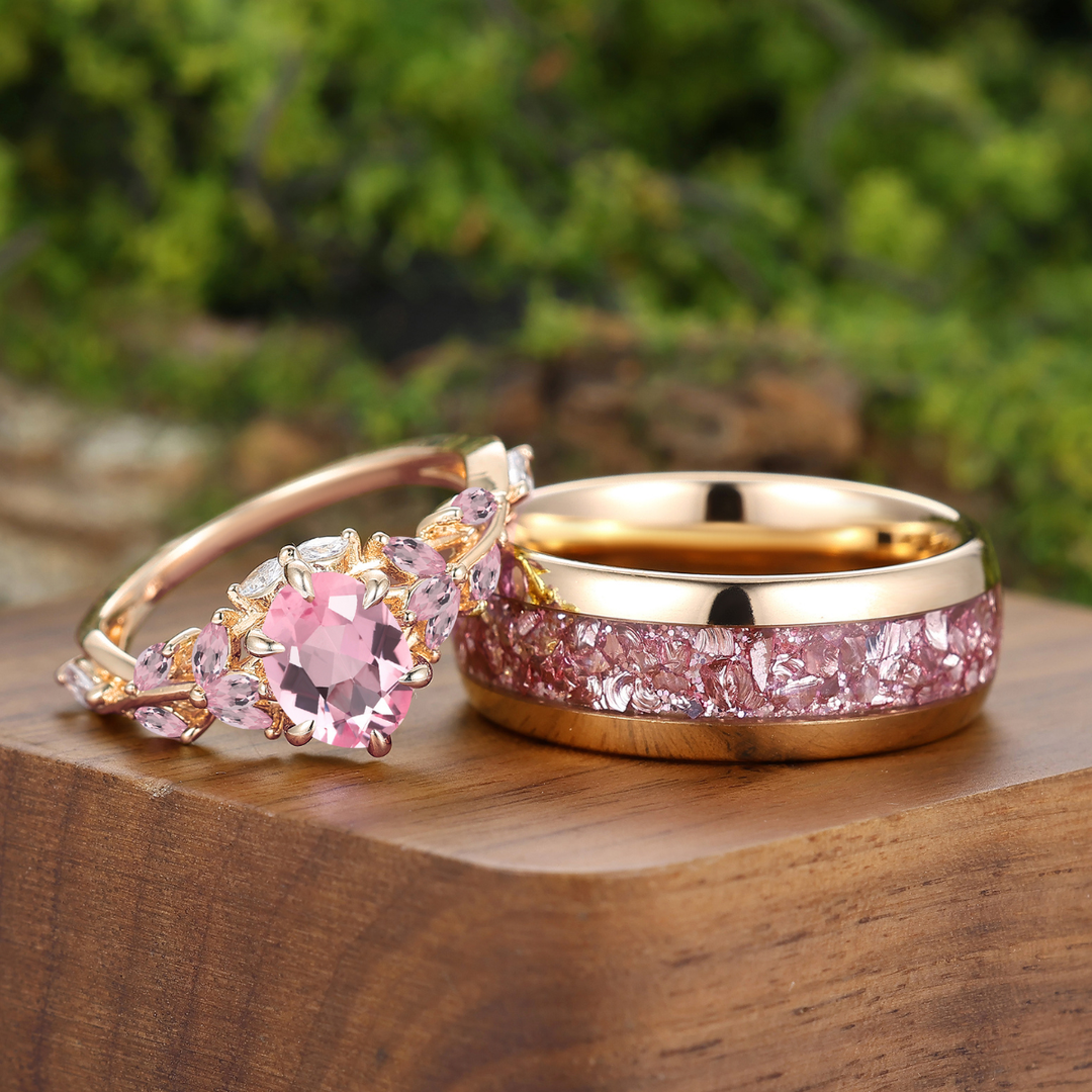 Bagues De Couple Feuille En Morganite Rose Vintage, Inspirées Par La Nature, Motif Fleur Pour Lui Et Pour Elle