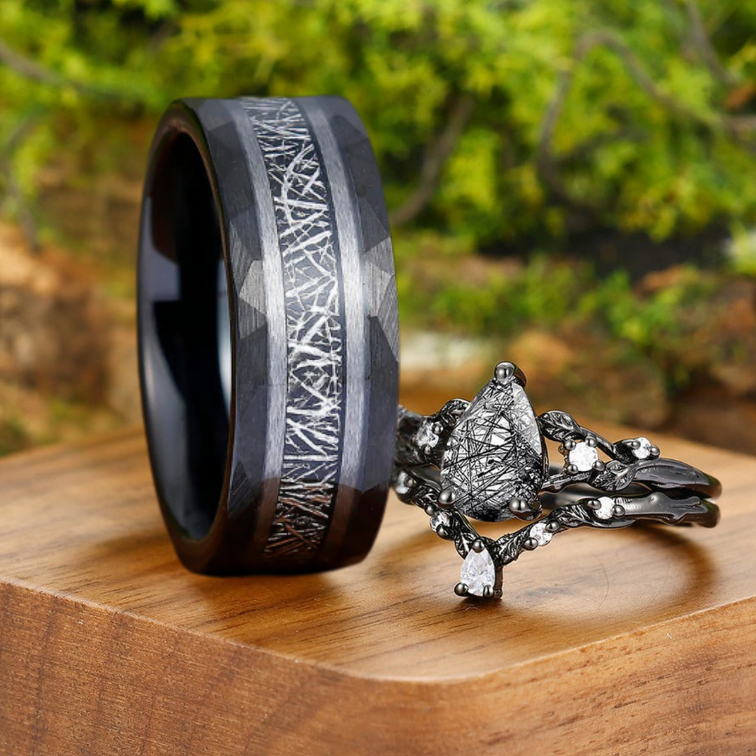 Stylish Black Rutilated Quartz Leaves Engagement Couple Rings Set Unique Tungsten Matching Promise Rings -  Esdomera.com