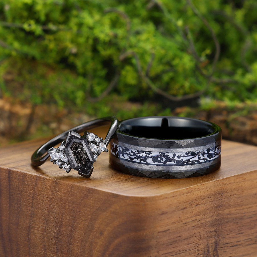Stylish Black Rutilated Quartz Accents Engagement Couples Ring Set His And Hers Tungsten Wedding Bands -  Esdomera.com