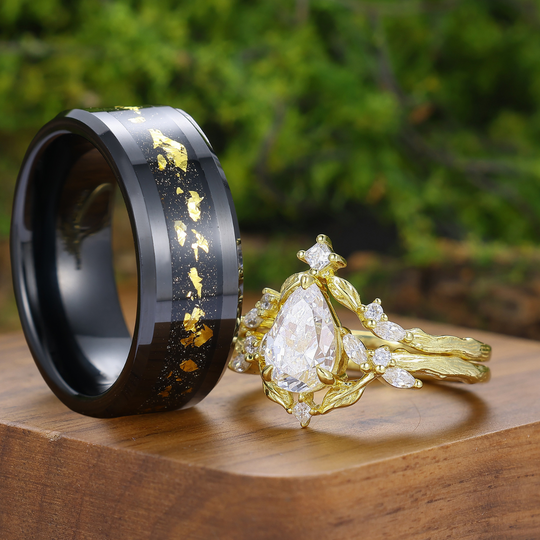 Noble Branch Design Perenvormige Moissaniet Set Verlovingsringen Geel Goud Verguld Matching Ringen