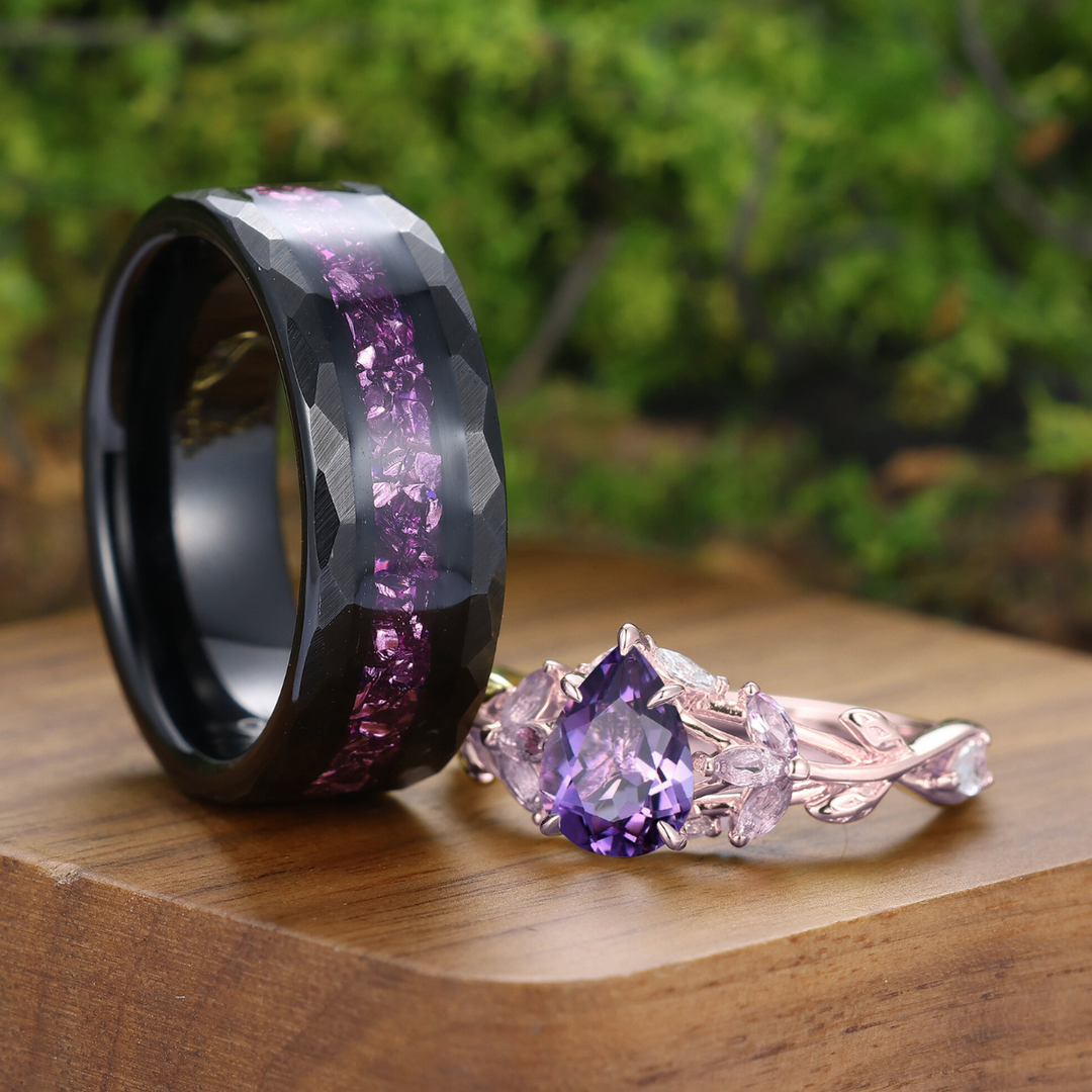 Leaf Inspired Natural Purple Amethyst Couple Ring 2pcs Wedding Band For Men And Women