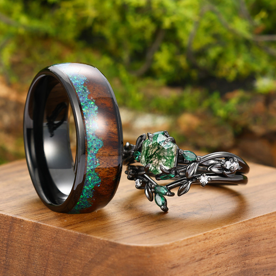 Moss Agate Sprigs Engagement Couple Rings Promise Green Tungsten Matching Wedding Rings -  Esdomera.com