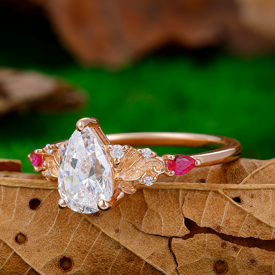 Artsy Pear Cut Moissanite Engagement Ring Deco Ruby Inlay Bridal Ring Women Fine Ring