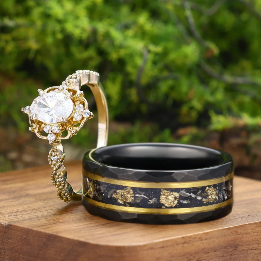 Anillo de pareja vintage inspirado en moissanita dorada con milgrain, anillo para él y para ella