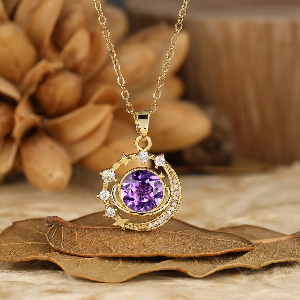 925 Argento Collana con Ciondolo Rotondo Sottile con Acquamarina, Luna e Stelle, Collana in Oro 14K