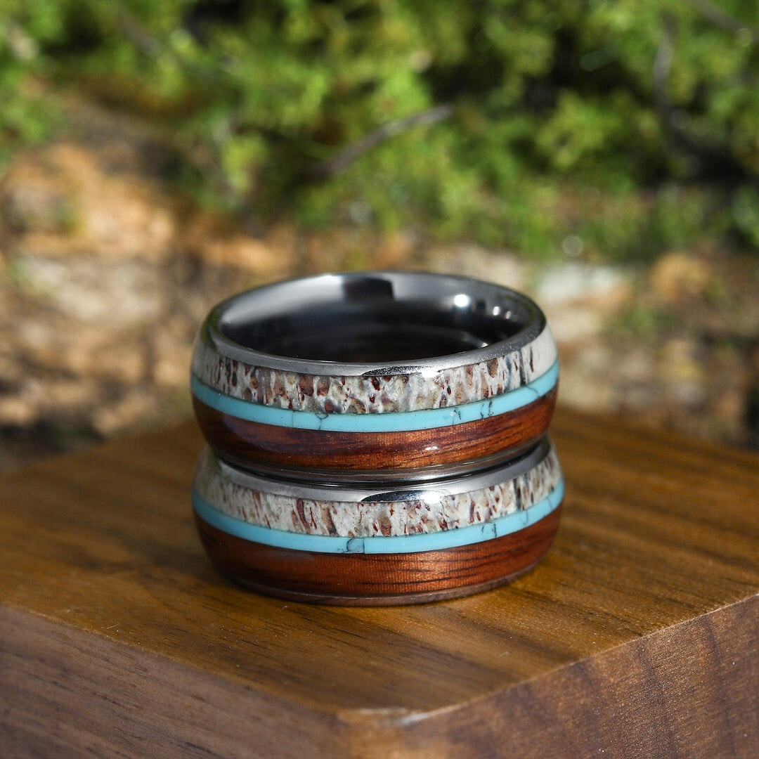 Deer Antler Hawaiian Koa Wood Turquoise Tungsten Wedding Band Tungsten Carbide Ring Men’s Anniversary Ring Promise Unisex Ring