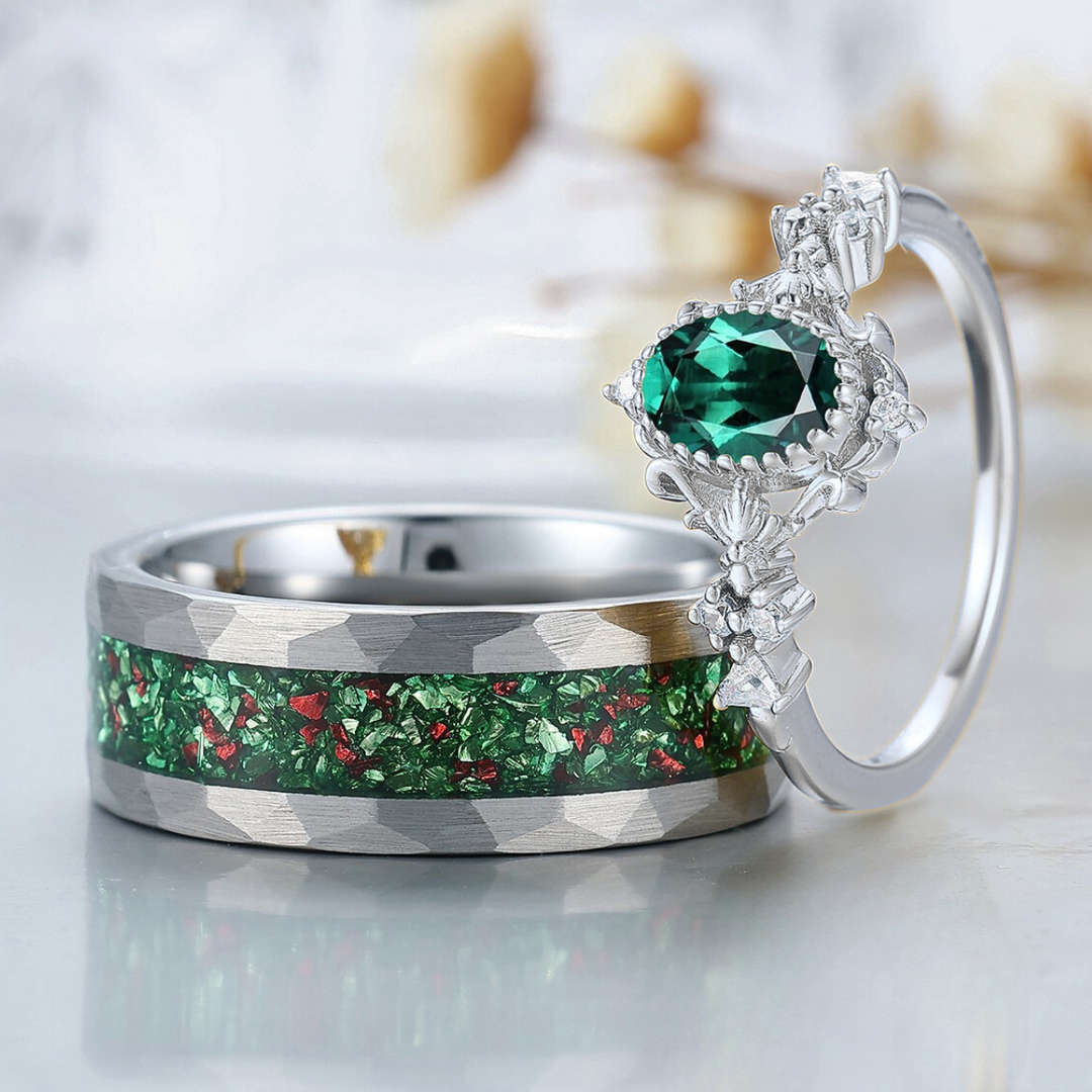 Baroque-inspired Green Emerald Couple Rings Unique Scrollwork Matching Rings For Couples