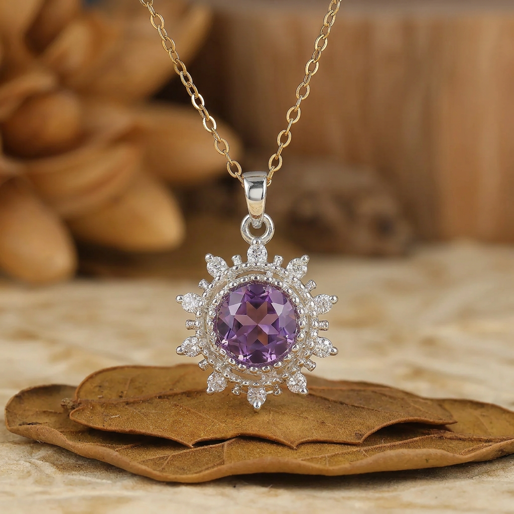 Delicaat Rond Geslepen Amethist Zon Halo Hanger Ketting 14K Gouden Ketting