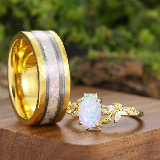 Leaf-inspired Pink White Opal Couple Rings Yellow Gold Plated Matching Ring For Him And Her