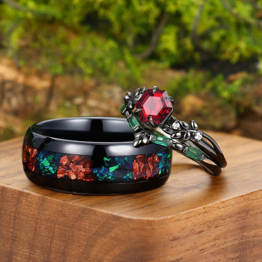 Natural Red Garnet Wheat Ear Design Couple Ring Set Black Plated Matching Ring For Men And Women