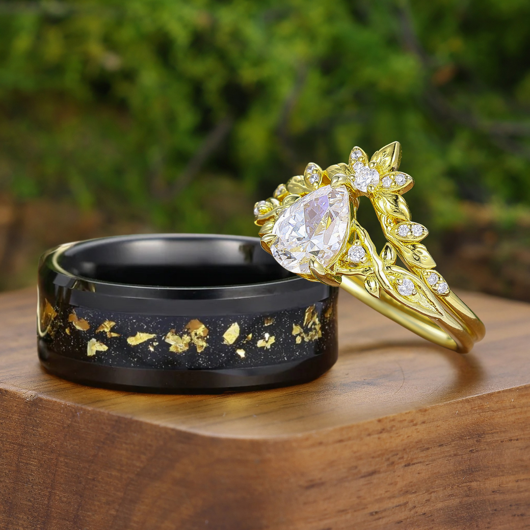 Natural Inspirado Juego de Anillos de Pareja en Forma de Pera con Moissanita Grabado de Hoja Para Él y Para Ella
