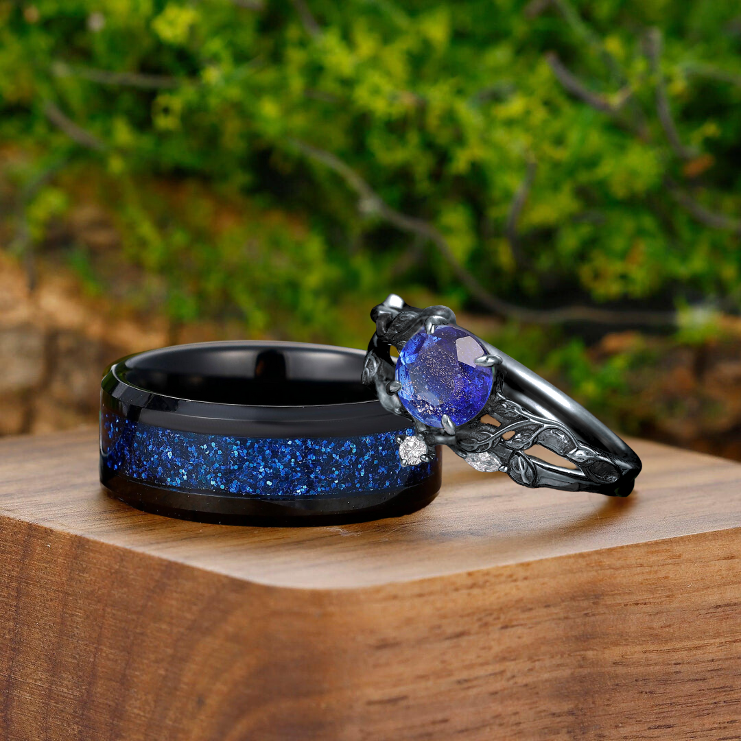 Sapphire Mens Black And Blue Wedding Bands Glittering Blue Galaxy