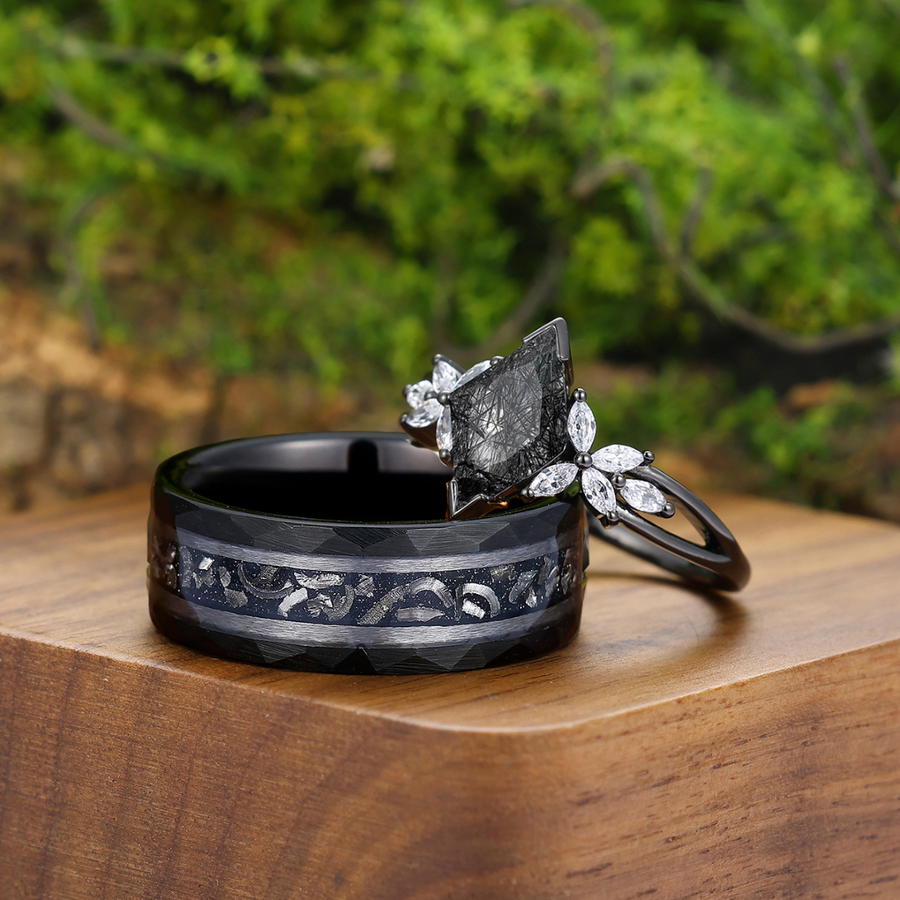 Delicate Petal Cluster Black Rutilated Quartz Engagement Couple Rings Matching Promise Wedding Bands -  Esdomera.com