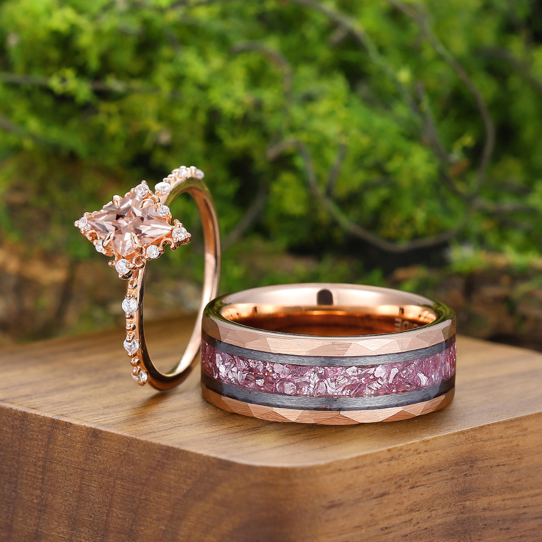 Exquisite Pink Morganite Engagement Promise Rings For Couples Rose Gold Plated Matching Marriage Rings