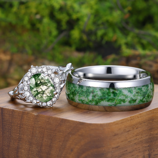 Anneaux couple assortis his and hers en agate mousse ovale taille brillant, délicat halo, design naturel inspiré