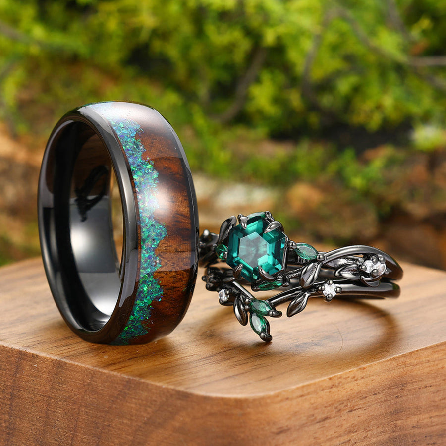 Unique Emerald Leaf Engagement Rings Set For Couples Personalized Green And Black Couples' Set -  Esdomera.com