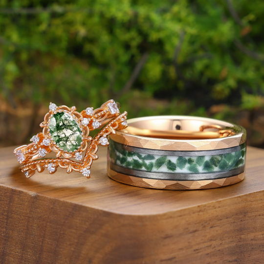 Antique Oval Moss Agate Filigreed Couple Ring Set Rose Gold Plated Milgrained His and Hers Ring