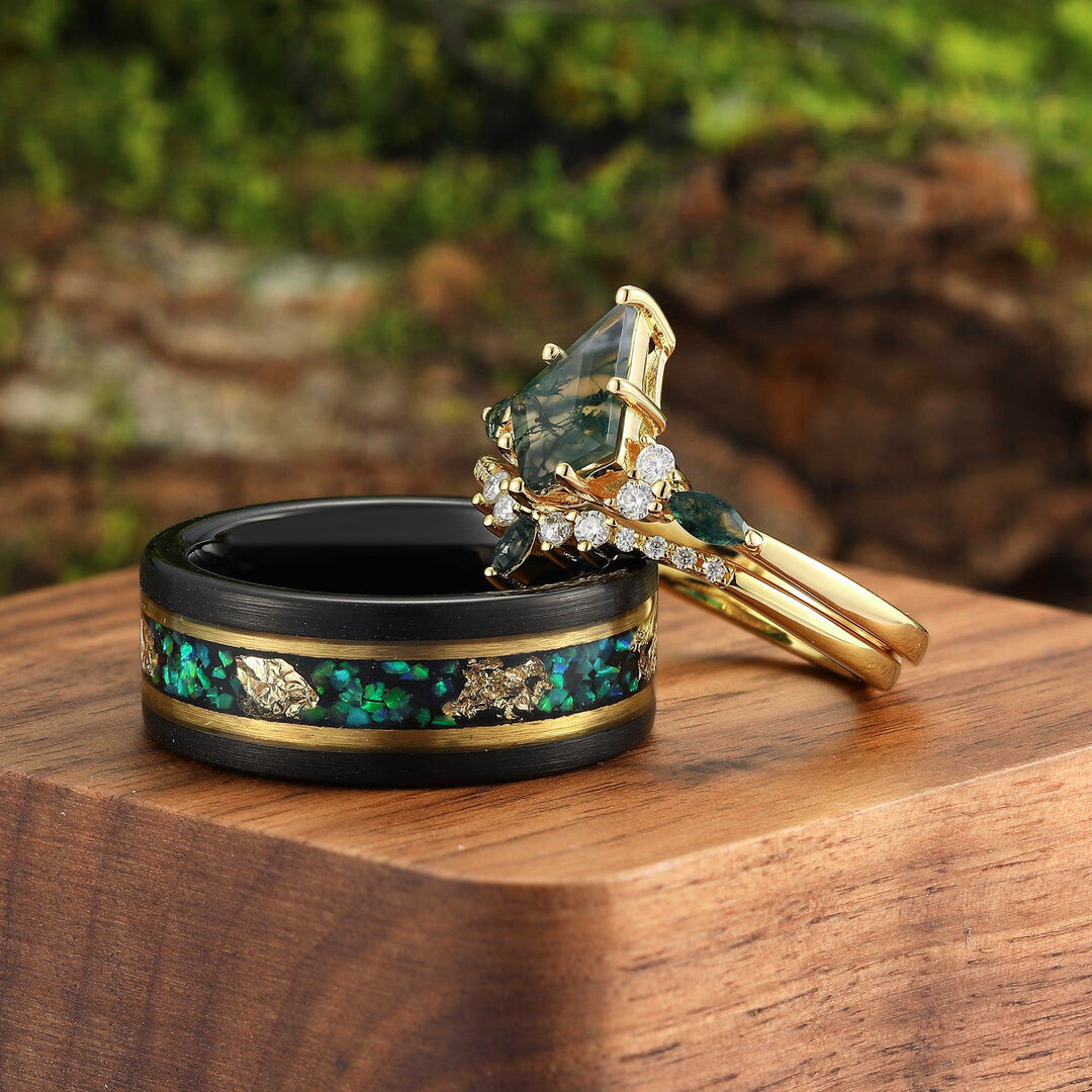 Kite Green Moss Agate His and Hers Wedding Band Unique Tungsten Couples Ring Set