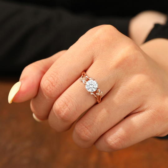 Twisted Twig Vine Ring Round Cut Moissanite Nature Inspired Leaf Design Pave Setting Ring Split Shank
