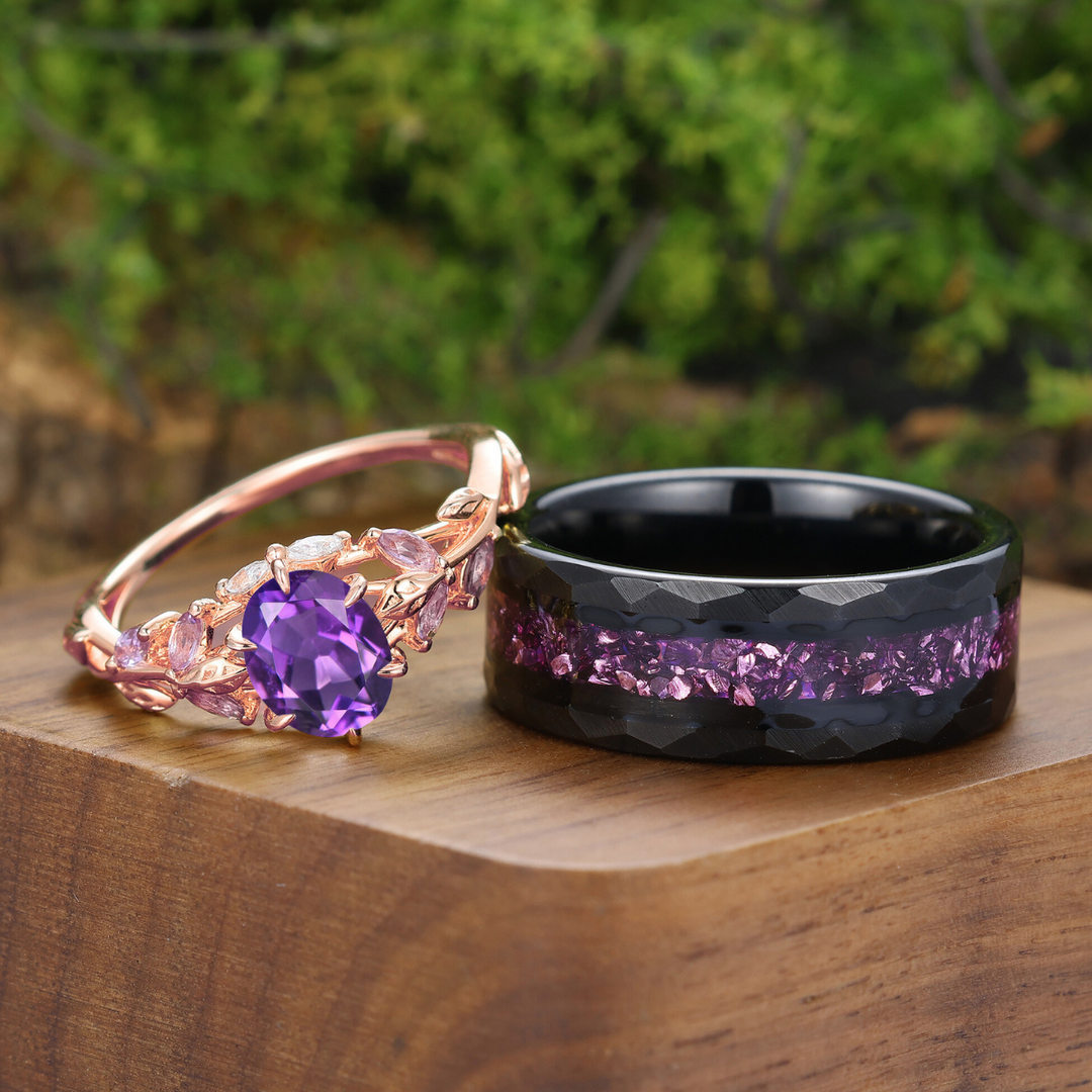 Unique Round Cut Amethyst Branch Couple Ring Purple Ring For Women And Men