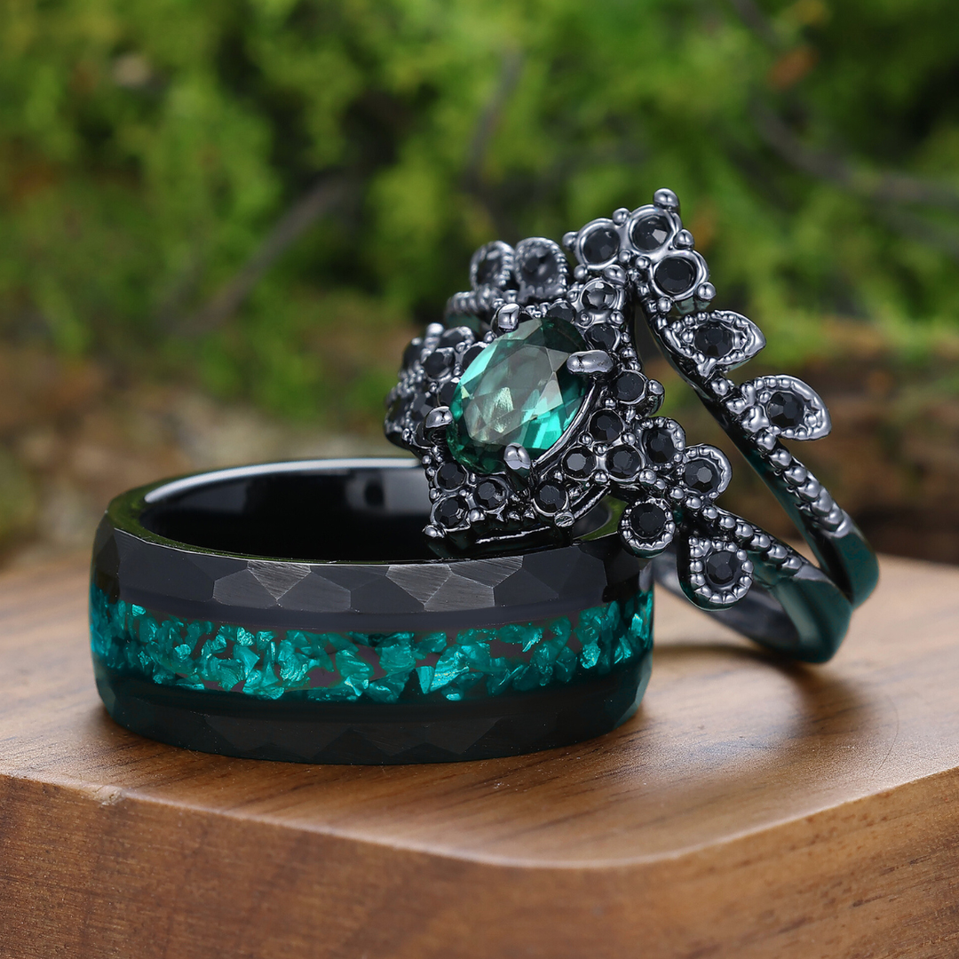 Dunkler Luxus Gothic Blumen-Set Verlobungsringe Smaragd Paarringe Silber und Wolfram His-and-Hers