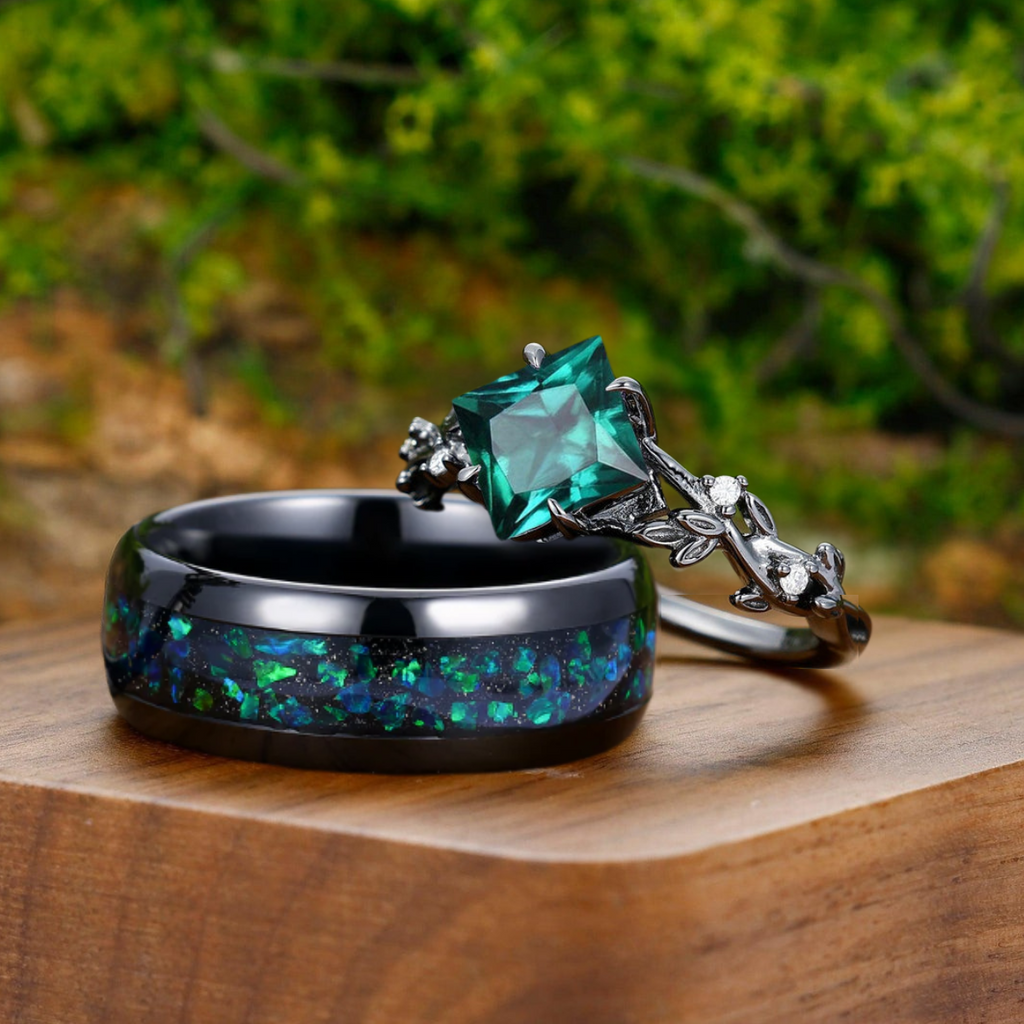 Alternative Emerald Curved Branch His And Hers Wedding Bands Green