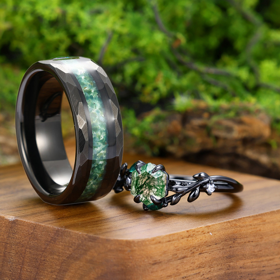 Hexagon Moss Agate Twig Engagement Rings For Couples S925 Black Plated And Tungsten Matching Anniversary Ring -  Esdomera.com