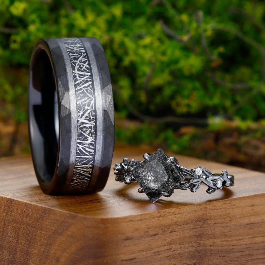 Branch Design Black Rutilated Quartz His And Hers Wedding Band Matching Hammered Tungsten Couple Rings -  Esdomera.com