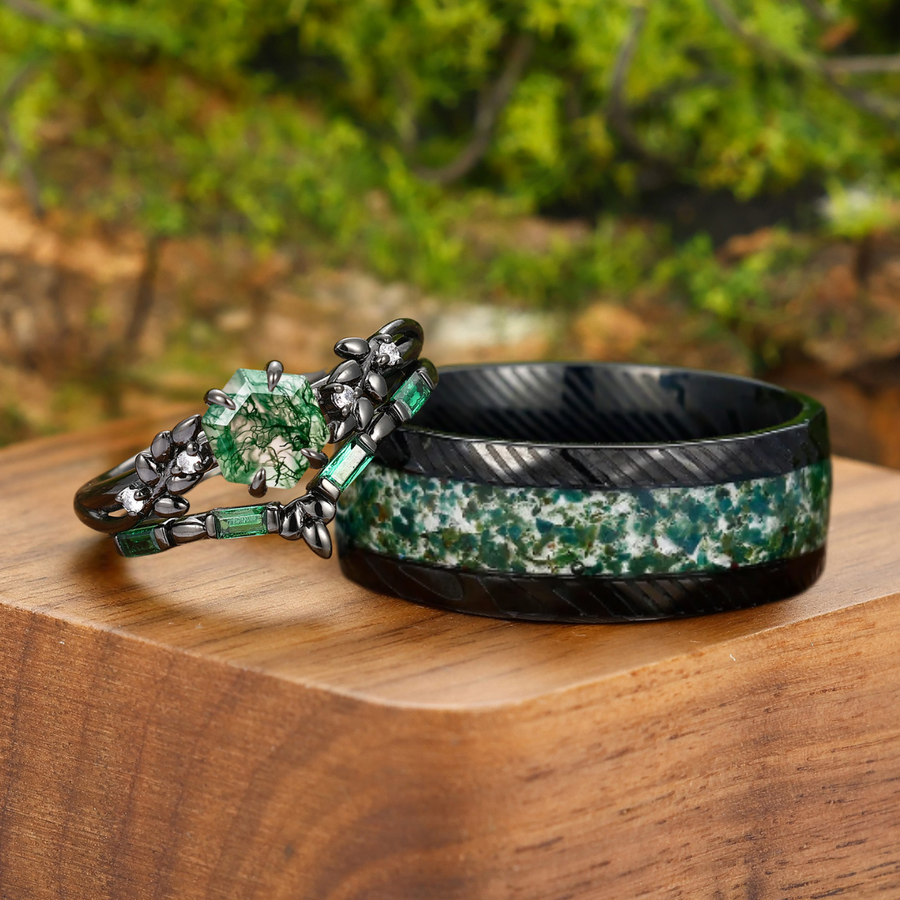 Conjunto de Anillos para Pareja Únicos de Ágata Musgosa Natural Inspirados en Hojas Verdes Anillos a Juego para Hombres y Mujeres