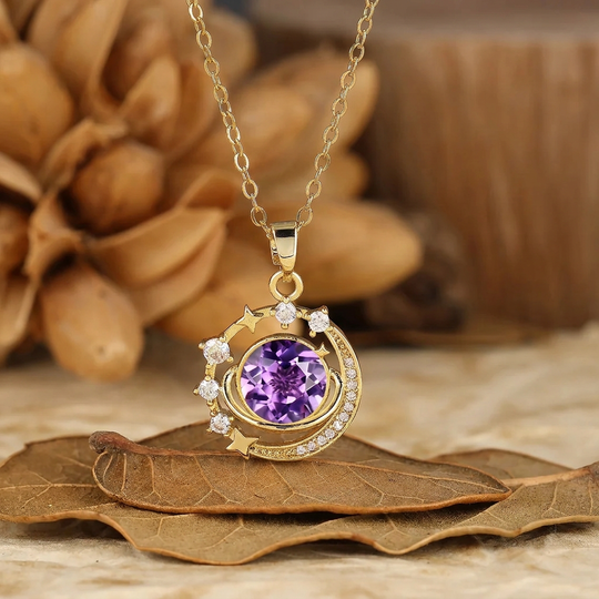 925 Silver Dainty Round Natural  Amethyst Moon and Stars Pendant Necklace 14K Gold Neckalce