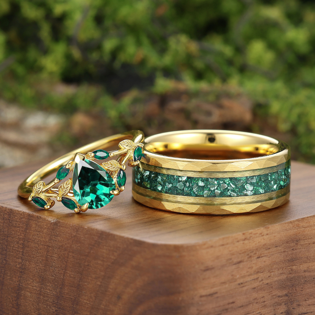 Leaf Inspired Pear Cut Emerald Rings For Couples Yellow Gold Plated Ring Set
