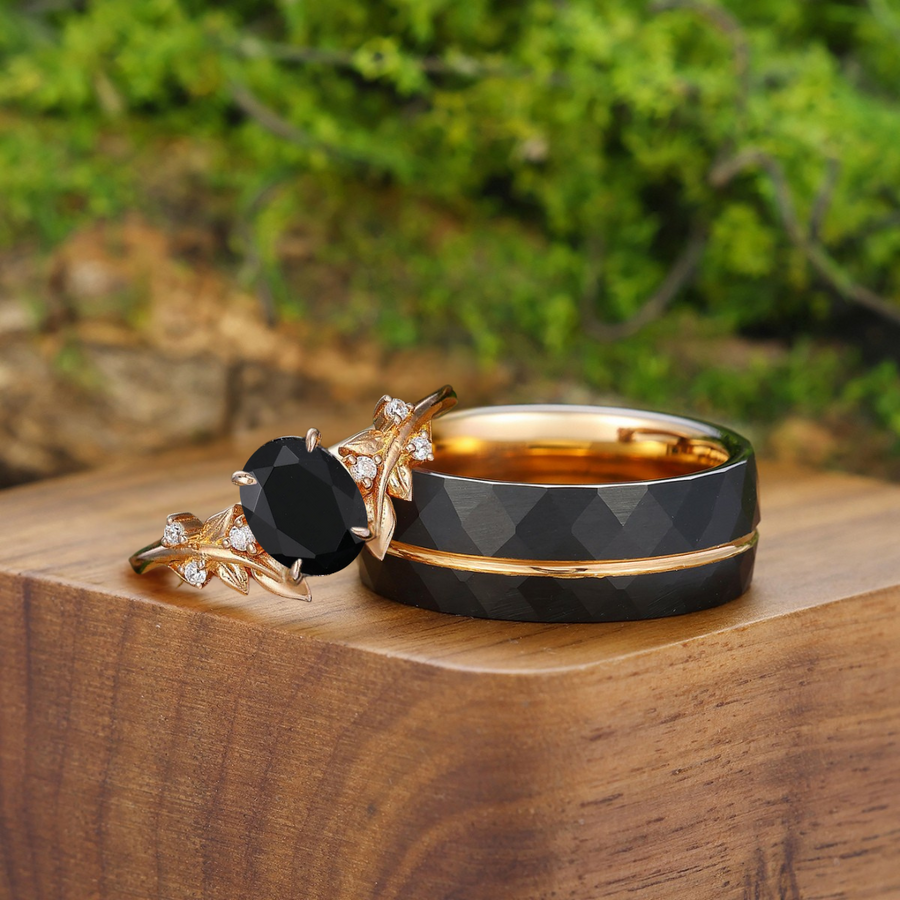 Art Deco Black Onyx Blade Engagement Couple Rings Promise Hammered Tungsten Wedding Bands For Men And Women -  Esdomera.com