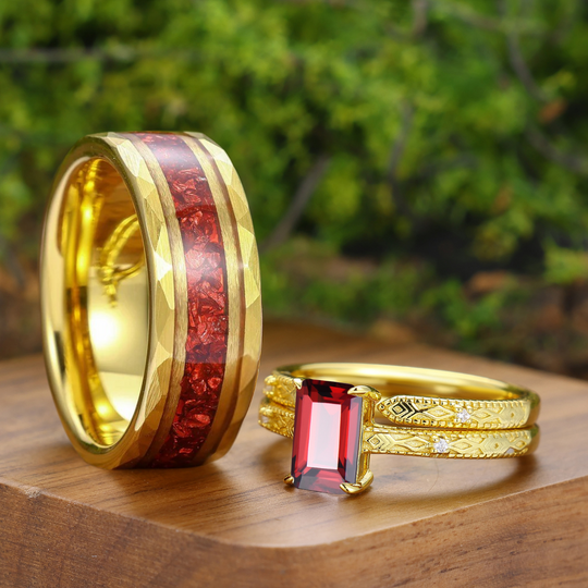 Vintage Natural Red Garnet Hand Engraved Yellow Gold Plated Couple Ring Set His And Hers Rings