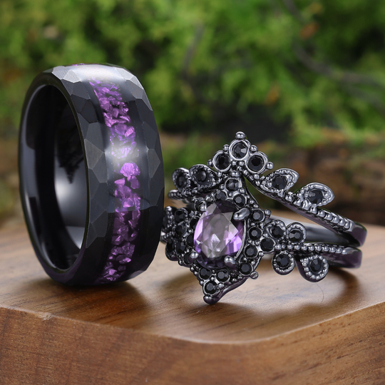 Gothic Vintage Style Natural Amethyst Milgrained His And Hers Rings Black Plated Couple Rings