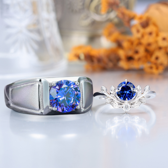 Noble Round Sapphire Leaves Couples Ring Set Sterling Silver Matching Rings