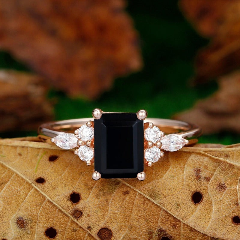 2CT Emerald Cut 14k Soild Gold Natural Black Onyx Engagement Wedding Ring - Esdomera
