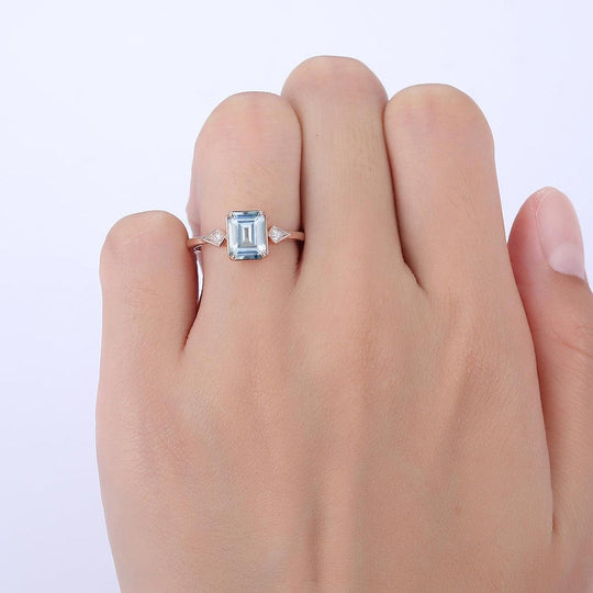 2CT Emerald Cut Aquamarine Engagement Ring Women Fine Ring - Esdomera