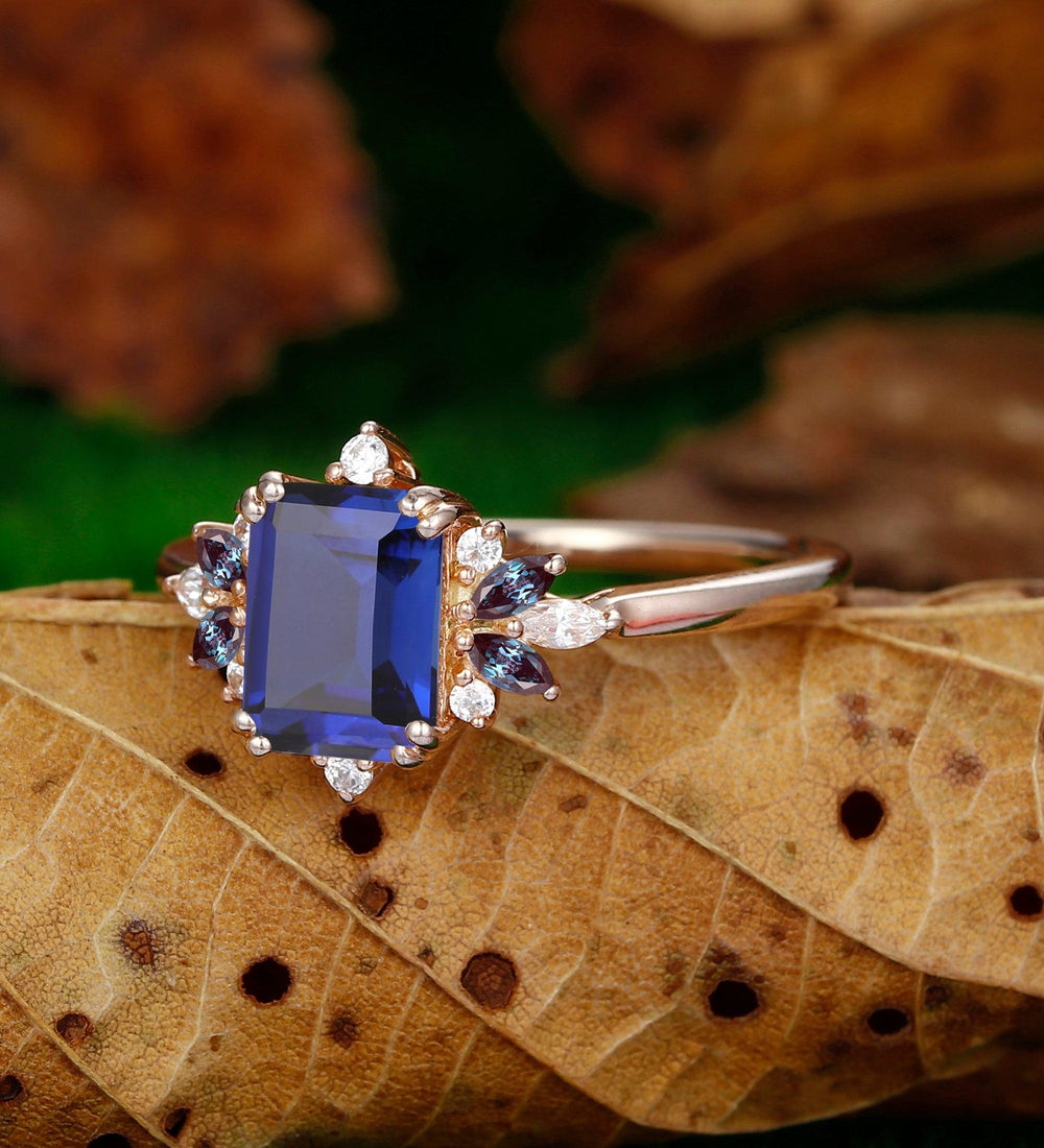 2CT Emerald Cut Blue Sapphire Art Deco Alexandrite Ring - Esdomera