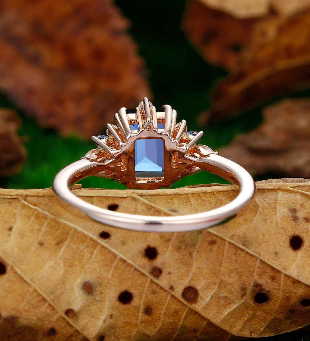 2CT Emerald Cut Blue Sapphire Art Deco Alexandrite Ring - Esdomera