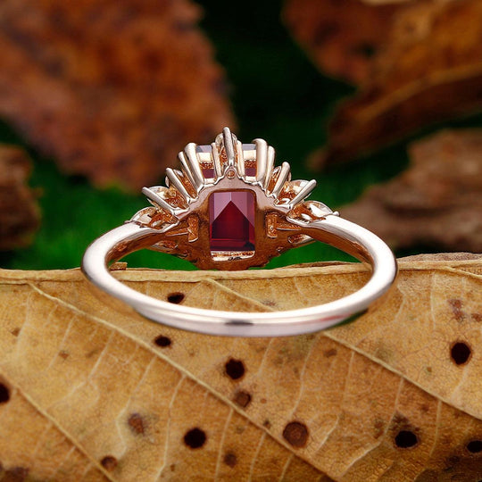 2CT Emerald Cut Cluster Leaf Design Natural Red Garnet 14k Gold Bridal Ring - Esdomera