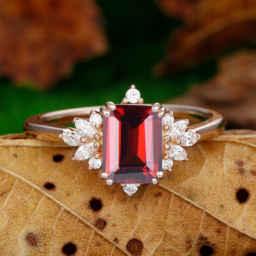 2CT Emerald Cut Cluster Leaf Design Natural Red Garnet 14k Gold Bridal Ring - Esdomera