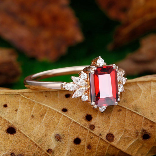 2CT Emerald Cut Cluster Leaf Design Natural Red Garnet 14k Gold Bridal Ring - Esdomera