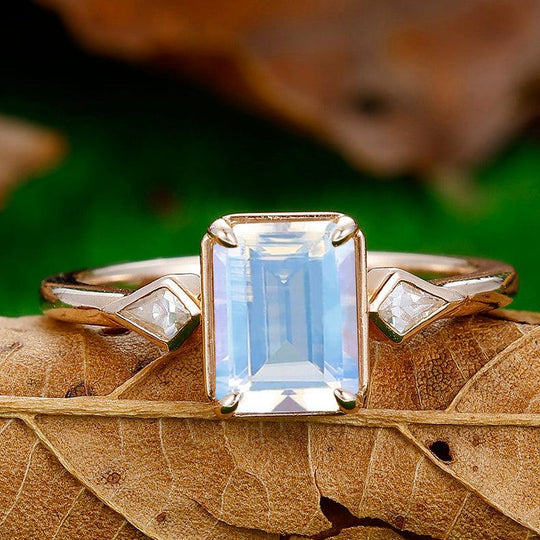 2CT Emerald Cut Moonstone Engagement Ring Women Fine Ring - Esdomera