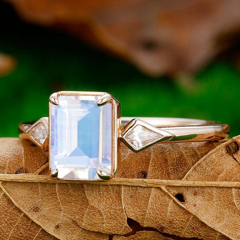 2CT Emerald Cut Moonstone Engagement Ring Women Fine Ring - Esdomera