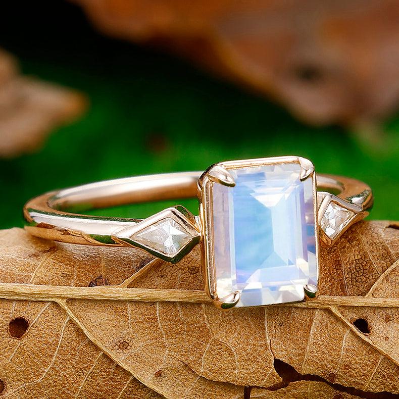 2CT Emerald Cut Moonstone Engagement Ring Women Fine Ring - Esdomera