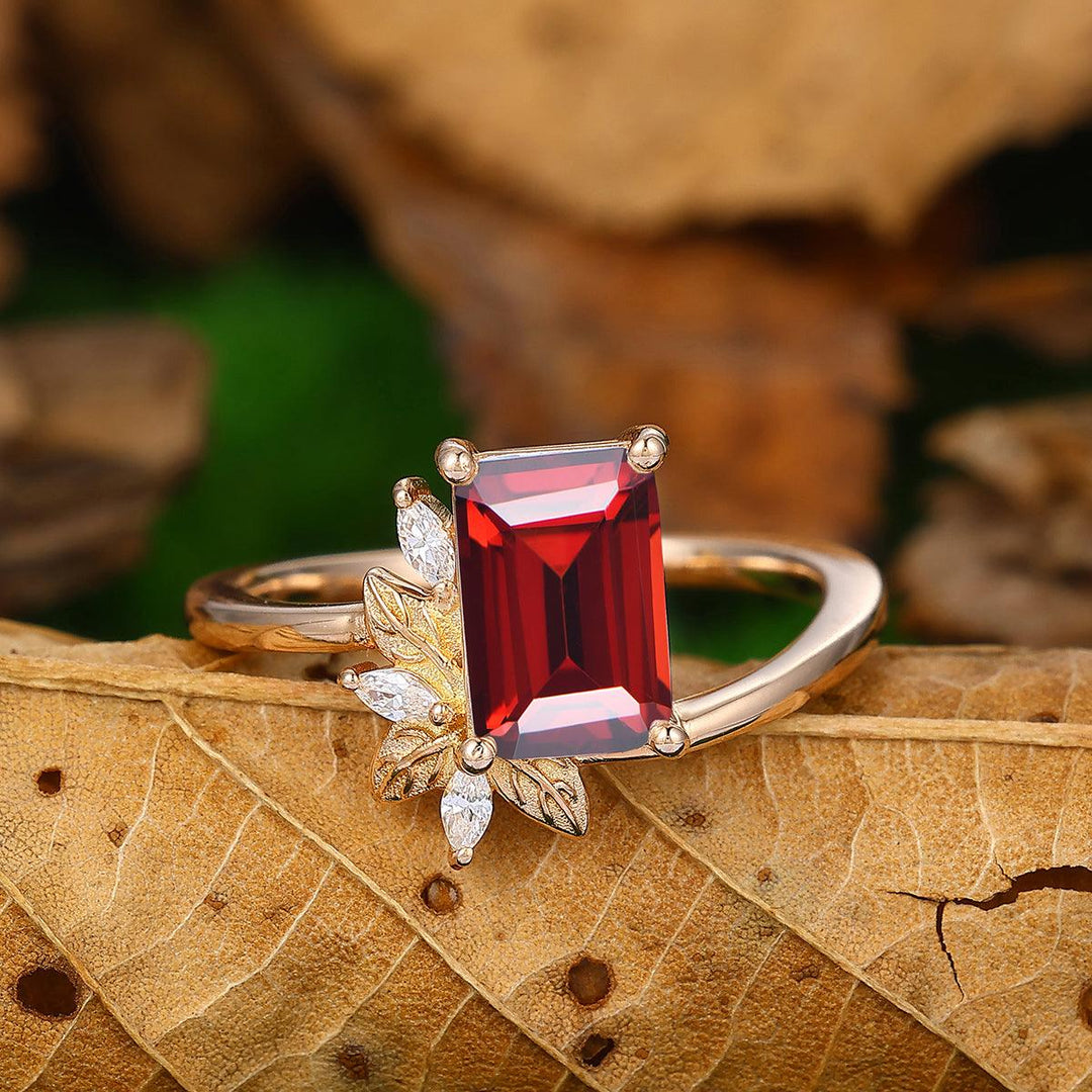 2CT Emerald Cut Nature Red Garnet Solid Gold Cluster Irregular Leaf Bridal Ring - Esdomera