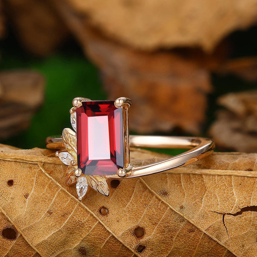 2CT Emerald Cut Nature Red Garnet Solid Gold Cluster Irregular Leaf Bridal Ring - Esdomera